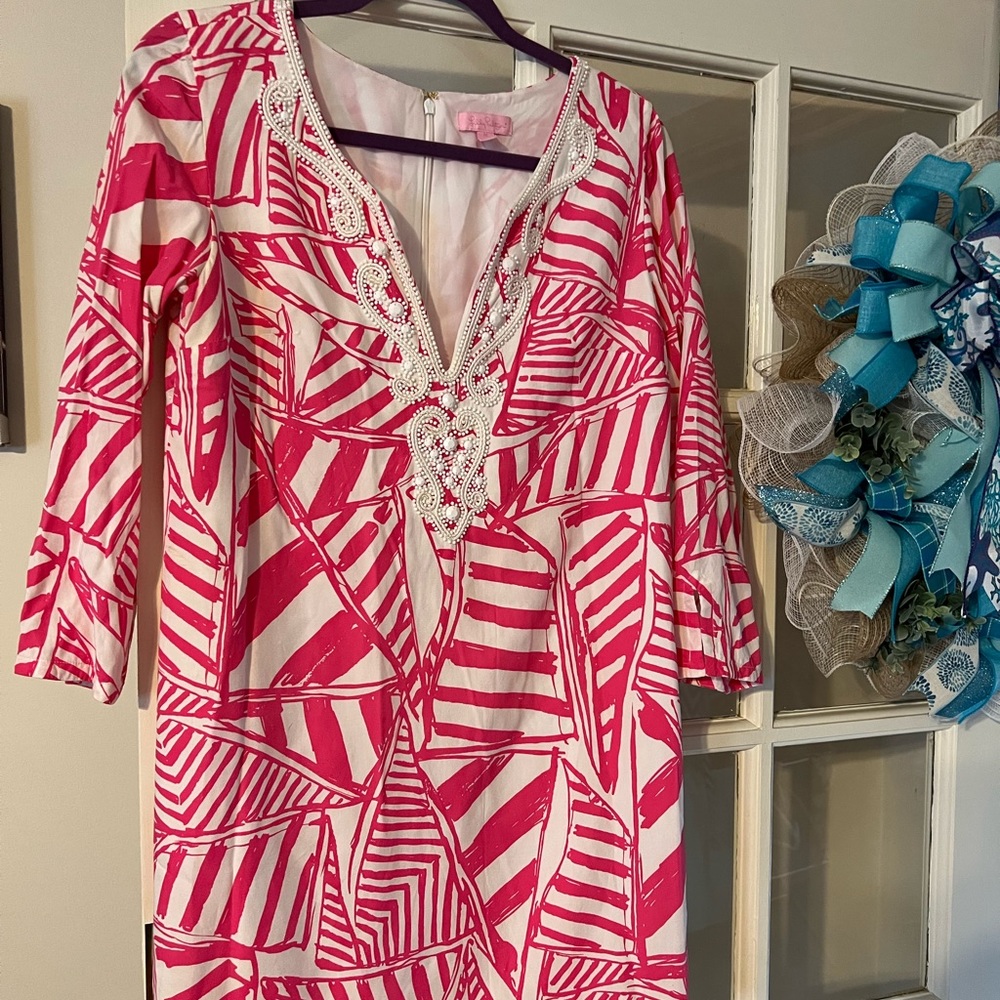Lilly Pulitzer Capri Pink Julianna Embroidered Tunic In Yacht Sea Short Dress